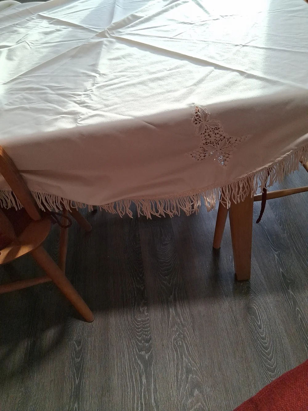 Classic Round Beige Ivory Fringe Tablecloth with Cutwork Detail 65
